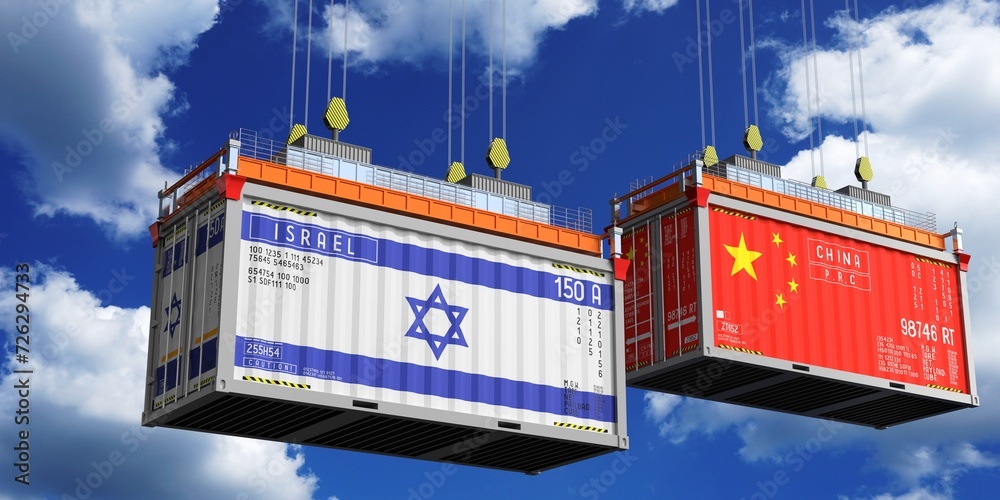 Shipping containers with flags of Israel and China - 3D illustration