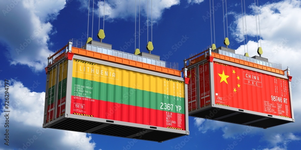 Shipping containers with flags of Lithuania and China - 3D illustration