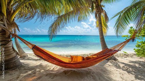 A colorful hammock under palm trees, with a view of the turquoise ocean.