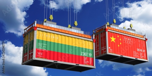Shipping containers with flags of Lithuania and China - 3D illustration photo