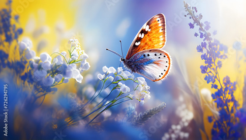 Beautiful blurred spring nature background with blooming meadow and blue sky on a sunny day. Butterfly and delicate blue flowers. Generative AI.