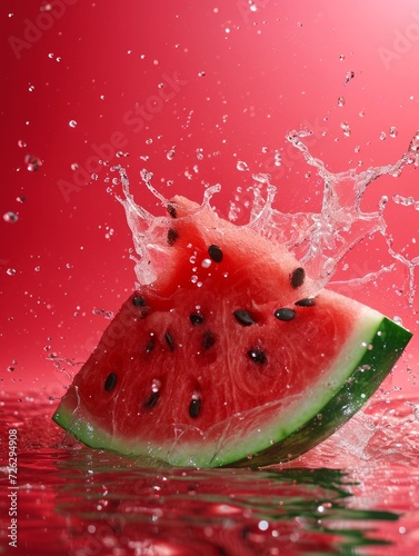 Watermelon and splashes of water on a bright background