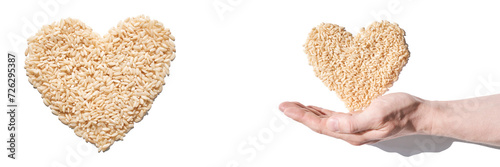 A heart-shaped rice pile, symbolizing love, unity, and hope. The grains, diverse and wholesome, reflect global solidarity. Care, health, and nutrition, fostering a sense of harmony and charity.