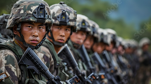 squad of equipped asian appearance soldiers, generative ai
