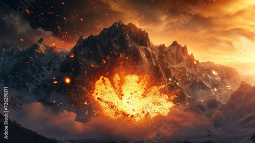 exploding mountain with free space in the center for any object or background