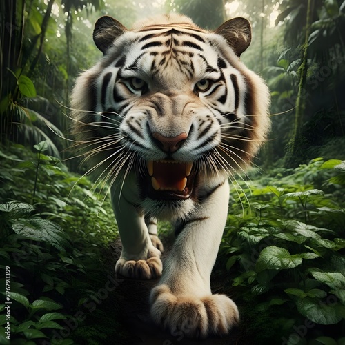 Bengal tiger  the top predator walking through the jungle forest  sharp eyes for food  the greatness of nature  the world of the jungle. Generative AI