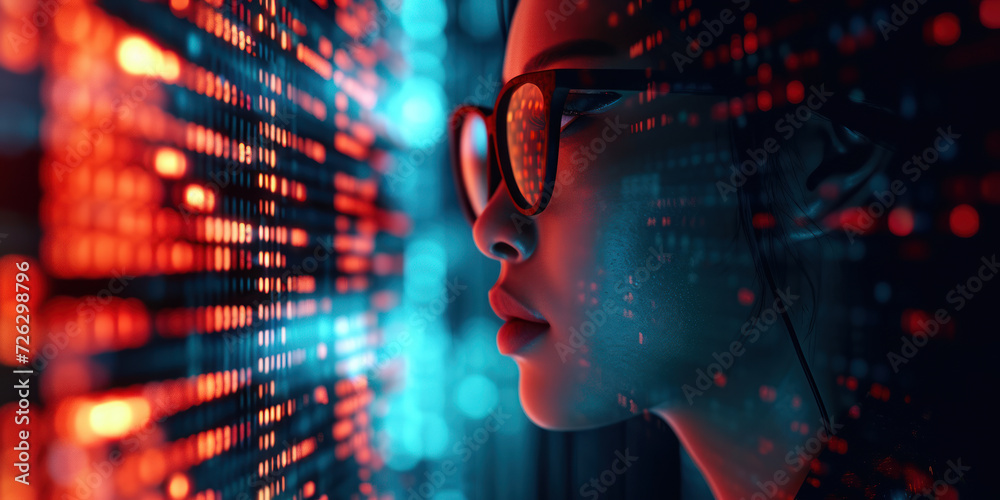 Asian woman thinking looking Line of Code Projected Software Developer Working on Innovative e-Commerce App using AI, Big Data Asian woman thinking looking Line of Code Projected Software Developer Working on Innovative e-Commerce App using AI, Big Data