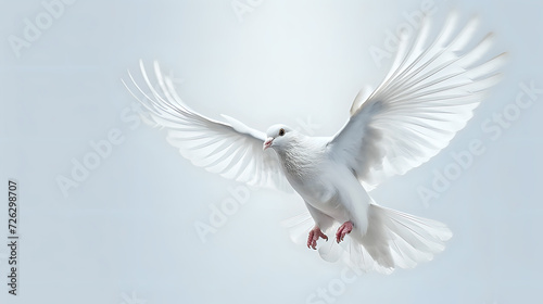 Graceful white dove in flight on clear sky