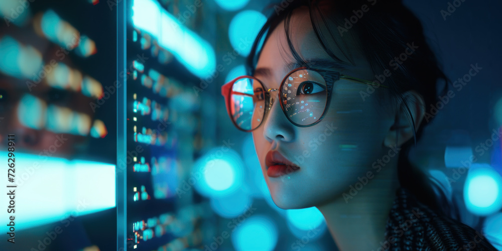 Asian woman wear glasses looking Line of Code Projected on Face and Reflecting. Software Developer Working on Innovative e-Commerce App using AI, Big Data Asian woman wear glasses looking Line of Code Projected on Face and Reflecting. Software Developer Working on Innovative e-Commerce App using AI, Big Data