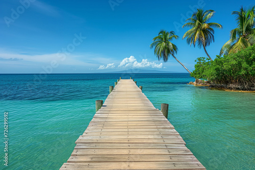 A wooden pier extending into the ocean, lined with palm trees. © Nim