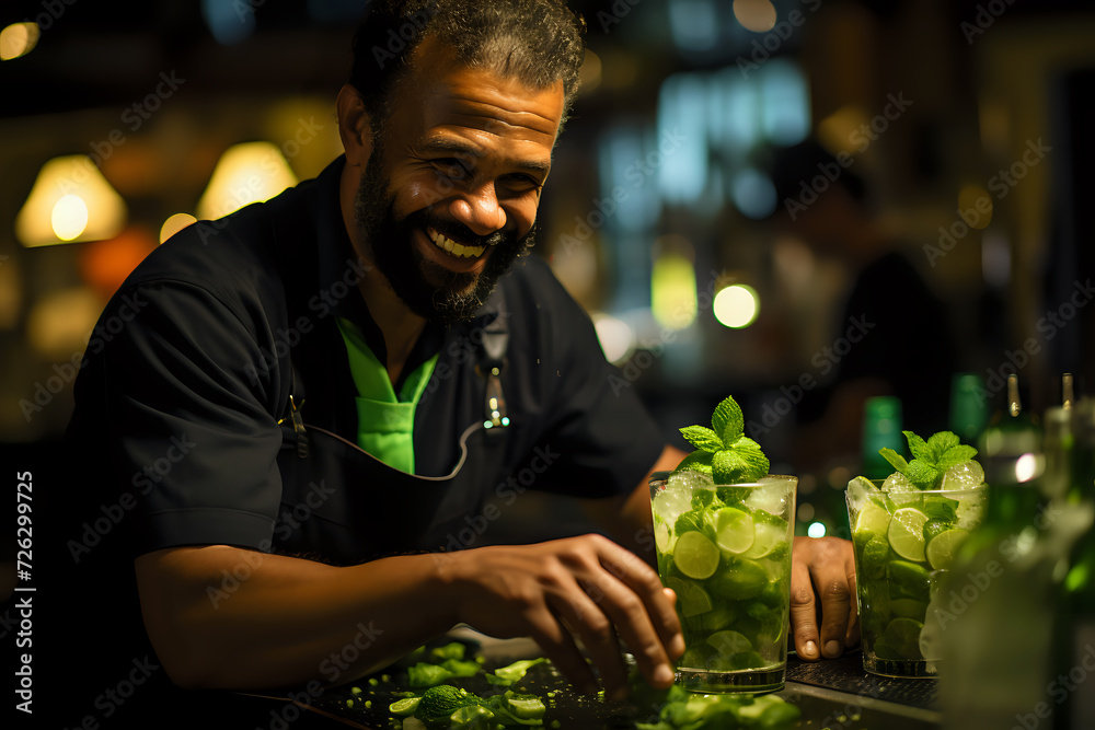 Expert bartender crafting a mojito with fresh mint
Expert bartender crafting a mojito with fresh mint
