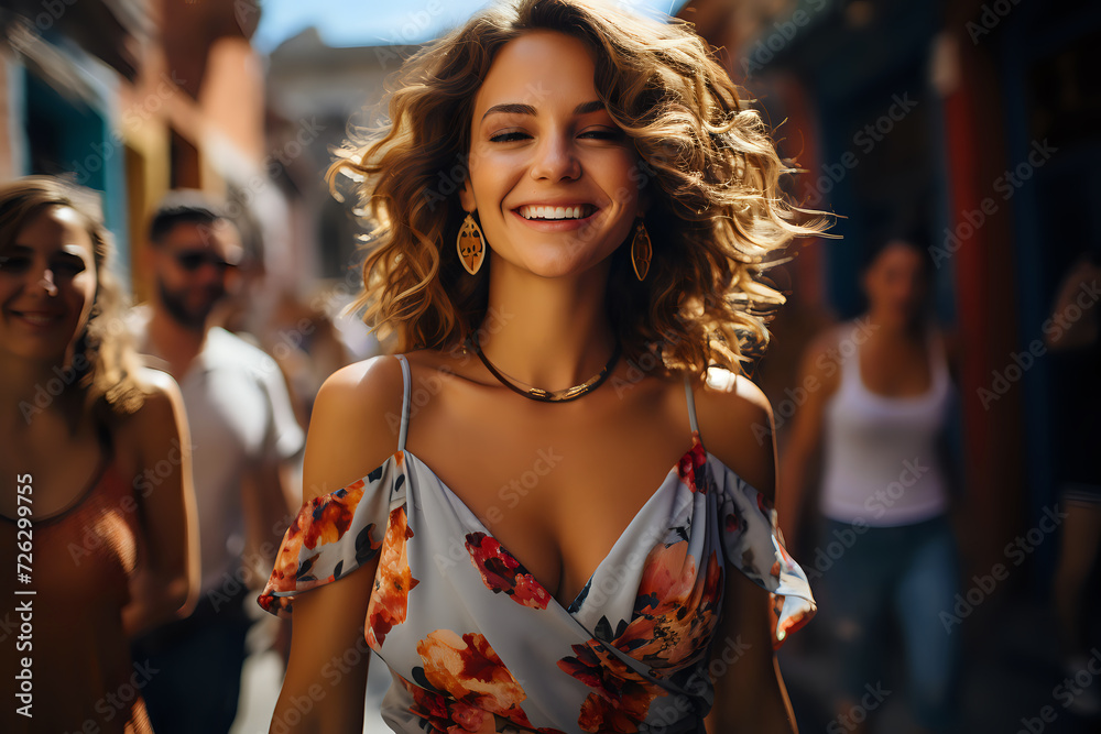 Joyful woman in summer dress enjoying city vibes