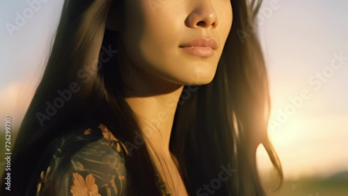 A second generation Asian woman smiles in the fading light her long black hair billowing around her face. She shields her eyes from the sun with slender fingers and her delicate frame