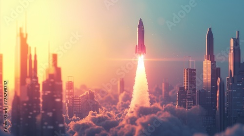 Rocket Launch, A sleek rocket blasts off from a bustling cityscape, leaving a trail of smoke and representing the explosive growth potential of innovative businesses