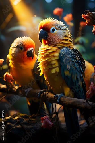 Sun-kissed parrots perching amidst blooming flora