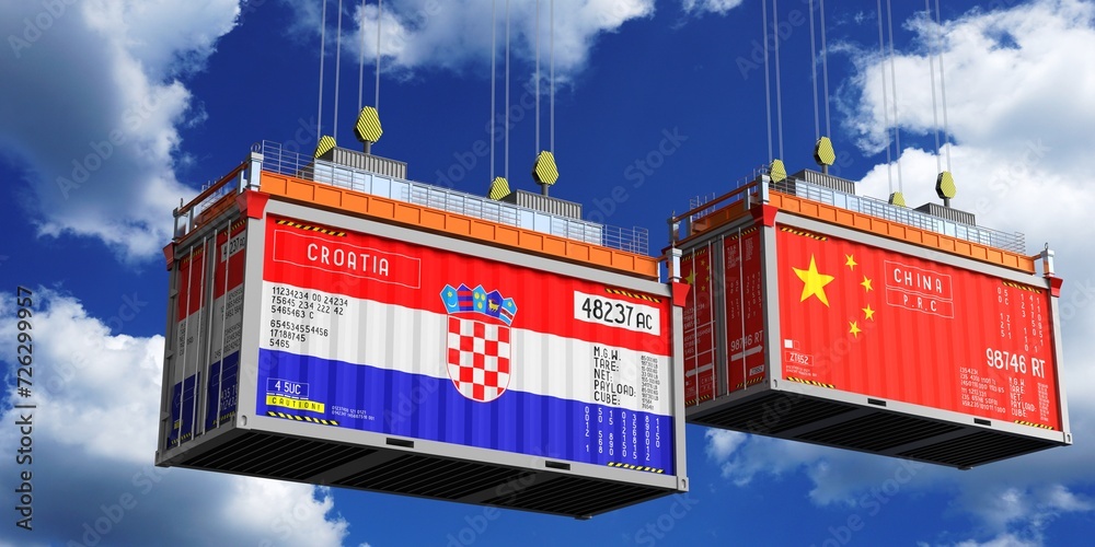 Shipping containers with flags of Croatia and China - 3D illustration