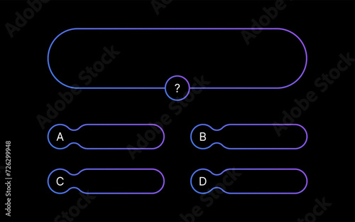 Quiz test game template. Multiple choice questions. Used in answer shows on TV and social media. Vector gradient design on black background.