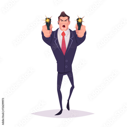 Angry Elegant Spy special secret agent cartoon character walking and shooting from both hands