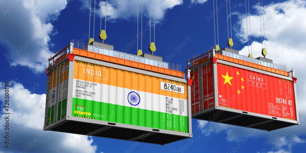 Shipping containers with flags of India and China - 3D illustration