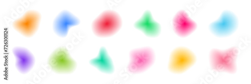 Gradient blur blob shapes. Colored figures with a smooth gradation from bright to transparent. Pack of isolated vector elements on a white background.
