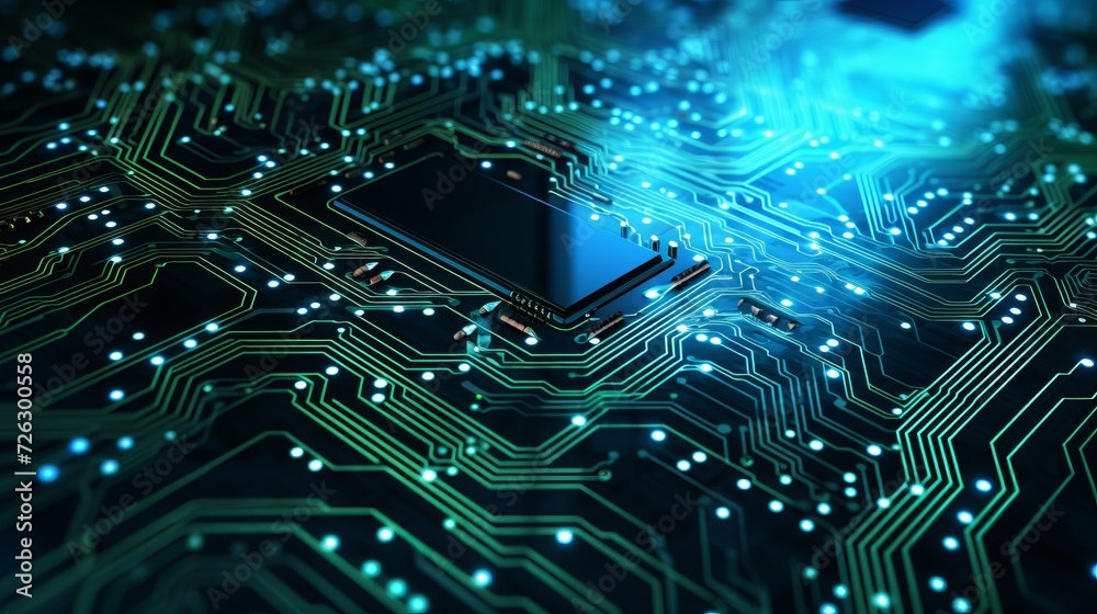 Abstract digital network technology on blue and green background - 3d illustration of integrated circuit board for a futuristic tech atmosphere Abstract digital network technology on blue and green background - 3d illustration of integrated circuit board for a futuristic tech atmosphere