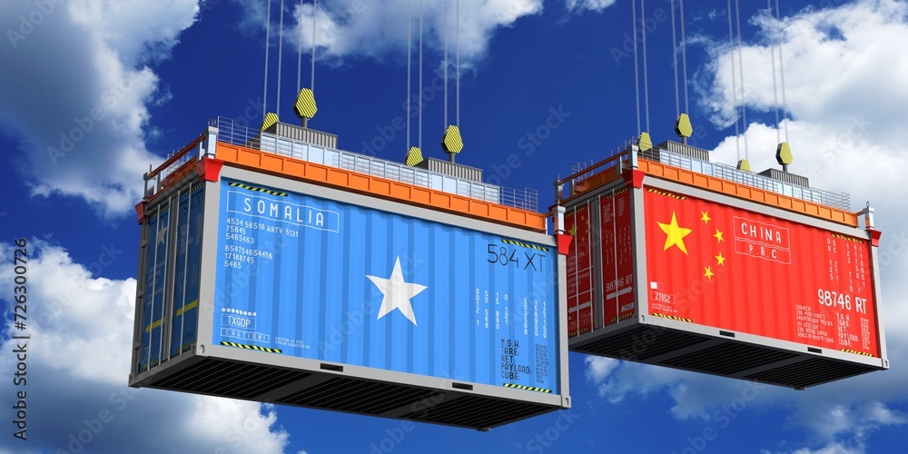 Shipping containers with flags of Somalia and China - 3D illustration