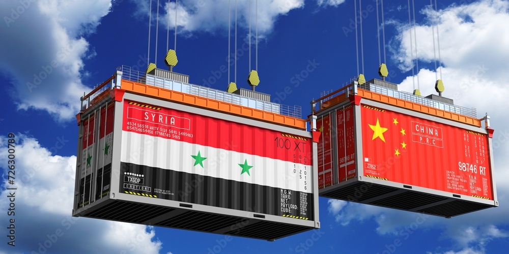 Shipping containers with flags of Syria and China - 3D illustration