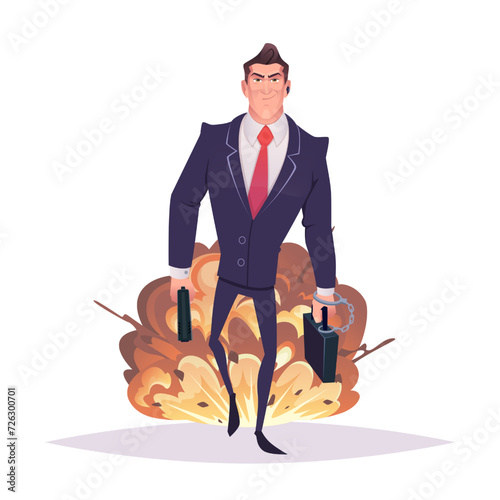 Elegant Spy cartoon character holding gun and case walks against of an explosion