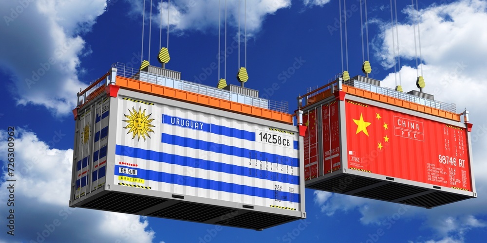 Shipping containers with flags of Uruguay and China - 3D illustration