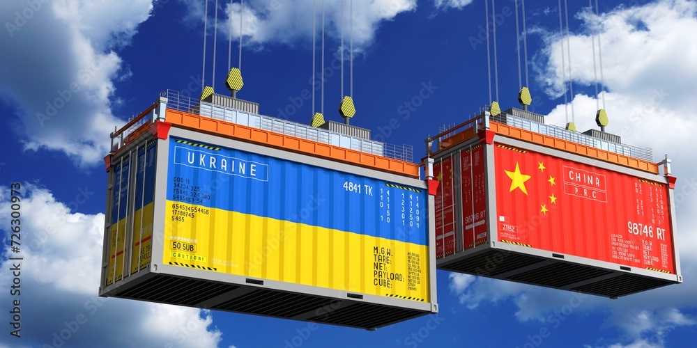 Shipping containers with flags of Ukraine and China - 3D illustration