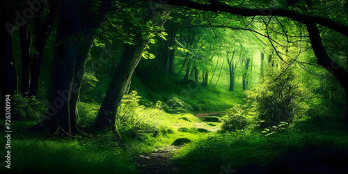 Beautiful green summer forest. Spring background. Generative AI.