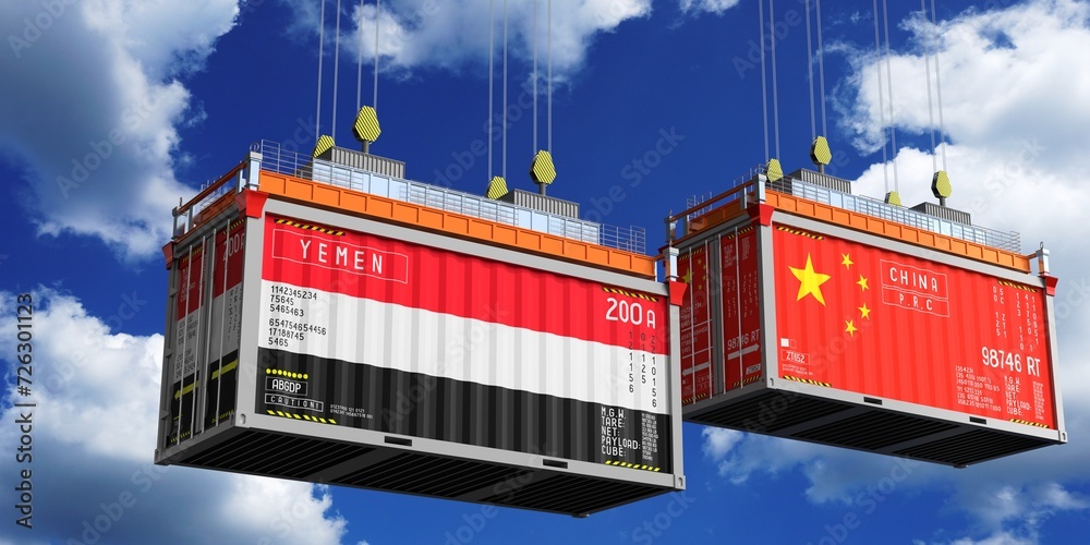 Shipping containers with flags of Yemen and China - 3D illustration