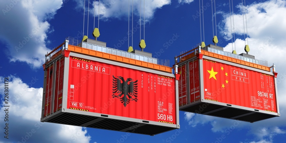 Shipping containers with flags of Albania and China - 3D illustration