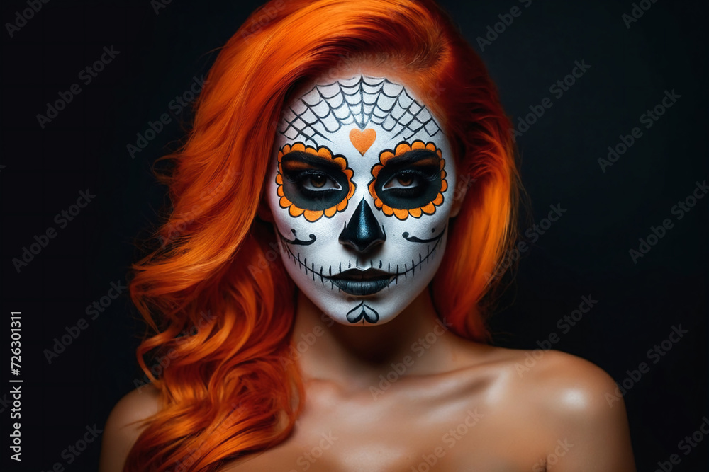 Beautiful sugar skull woman with orange hair and orange make-up on dark background