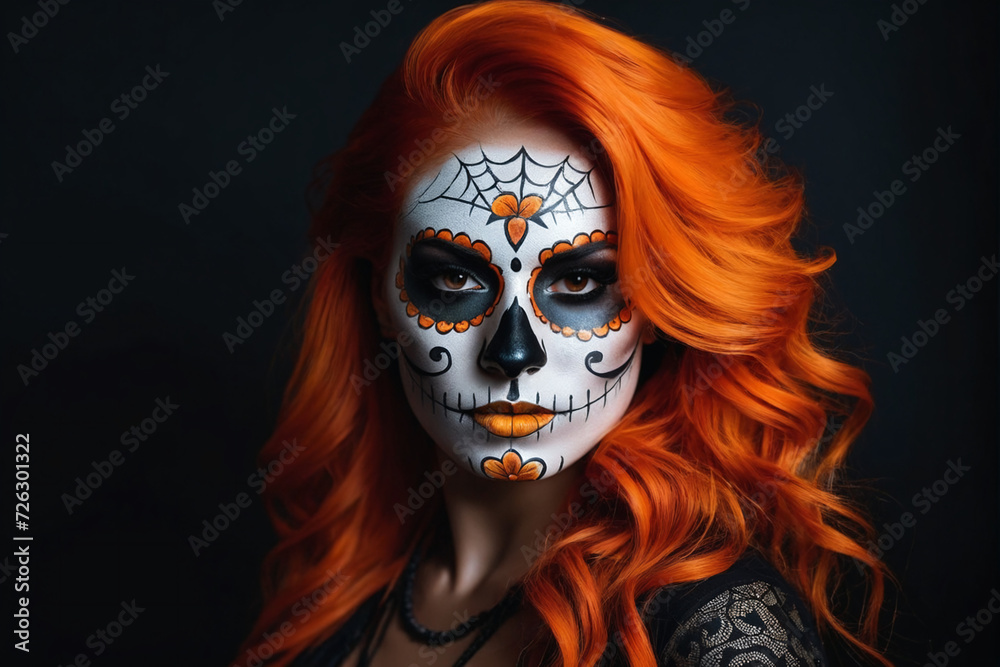 Beautiful sugar skull woman with orange hair and orange make-up on dark background