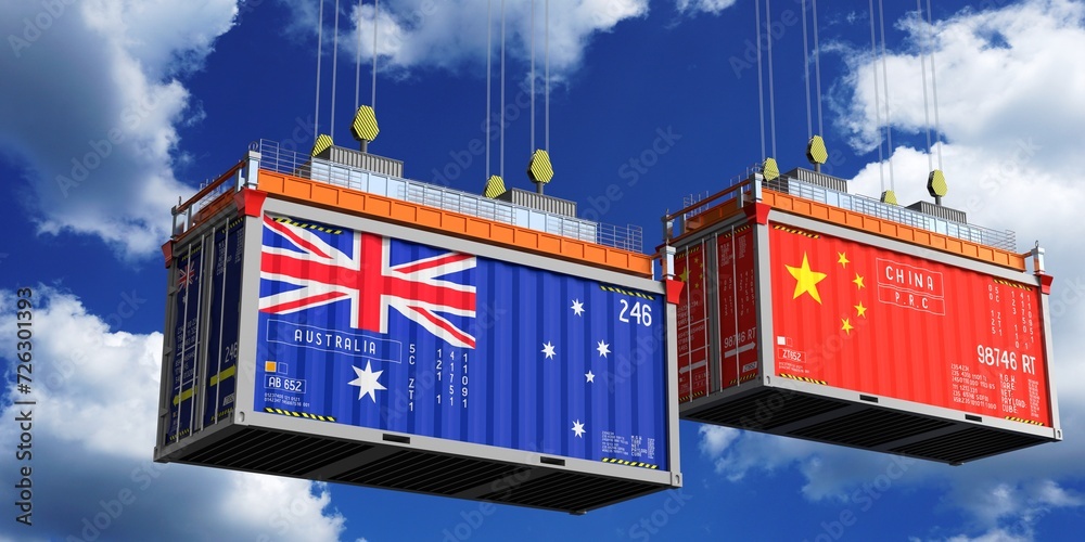 Shipping containers with flags of Australia and China - 3D illustration