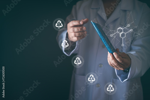Man holding technology of recycled plastic pellets. Scientists and Polymer Products Love World. recycled polymer graphics. Environmental business.