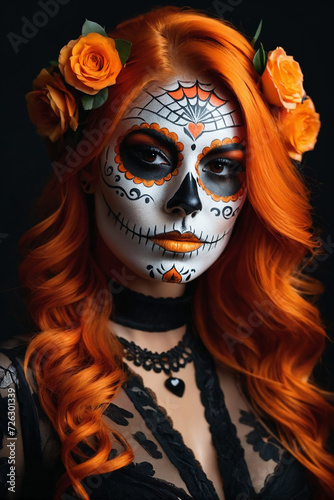 Beautiful sugar skull woman with orange hair and orange make-up on dark background