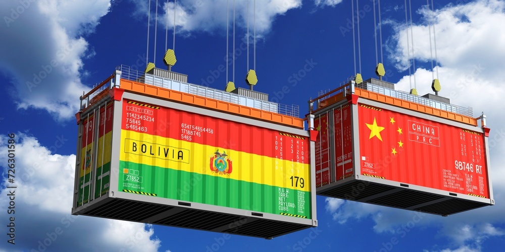 Shipping containers with flags of Bolivia and China - 3D illustration