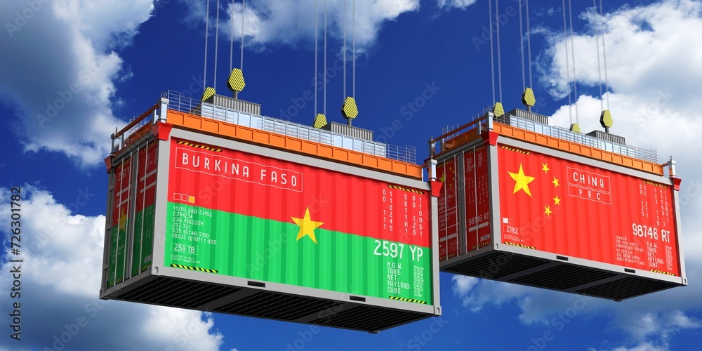 Shipping containers with flags of Burkina Faso and China - 3D illustration