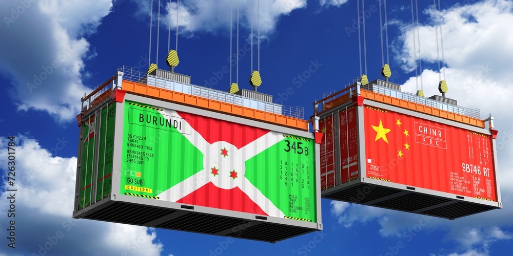 Shipping containers with flags of Burundi and China - 3D illustration