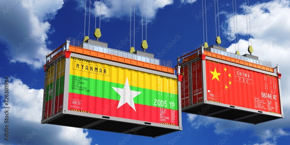 Shipping containers with flags of Myanmar and China - 3D illustration