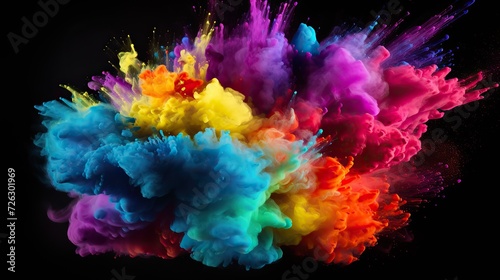 Abstract texture of exploding powder colorful multicolored rainbow color  isolated on black background.