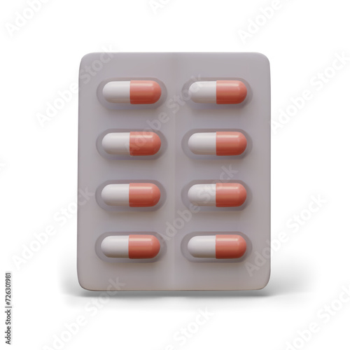 Realistic blister with capsules in white and red colors. Medicines and prescription pills