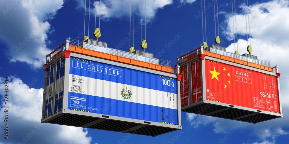 Shipping containers with flags of El Salvador and China - 3D illustration
