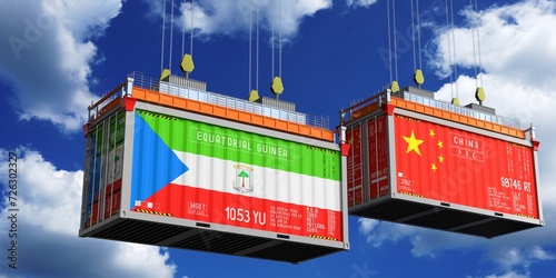 Photography Shipping containers with flags of Equatorial Guinea and China - 3D illustration