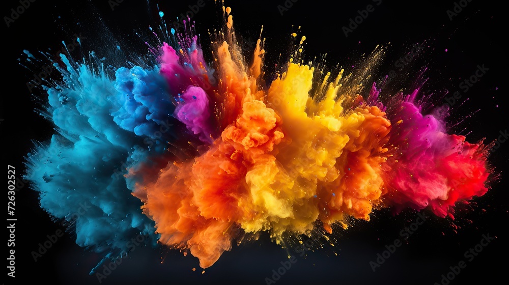 Abstract texture of exploding powder colorful multicolored rainbow color, isolated on black background.