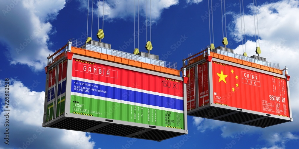 Shipping containers with flags of Gambia and China - 3D illustration