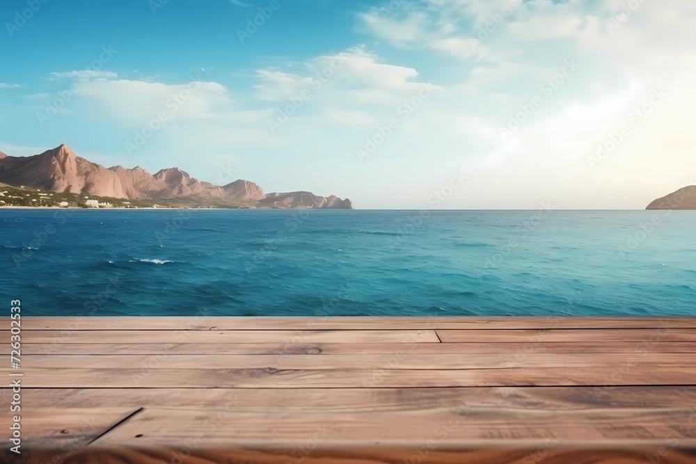 Naklejka premium Wooden table on the background of the sea, island and the blue sky. High quality photo