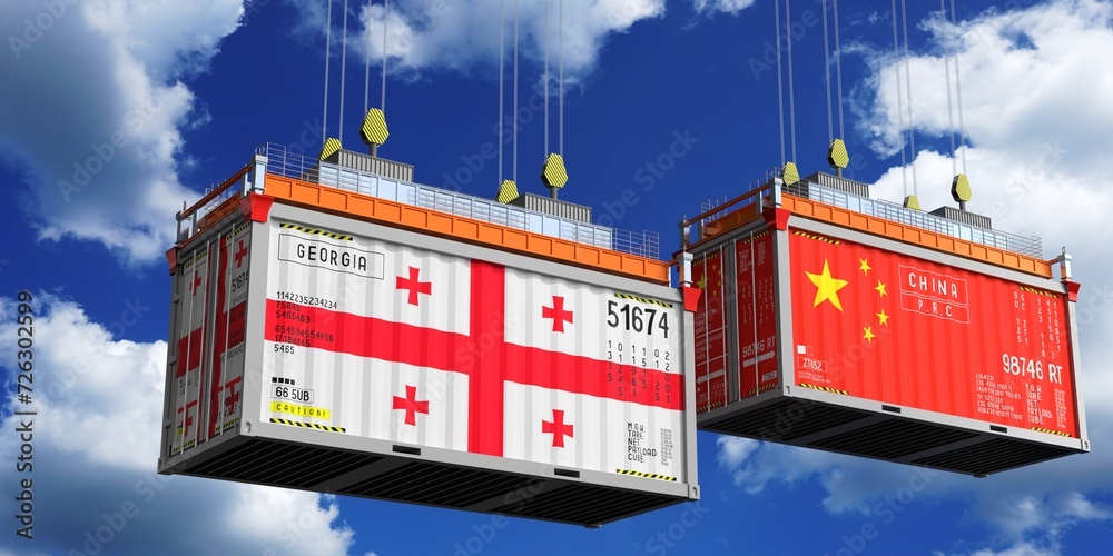 Shipping containers with flags of Georgia and China - 3D illustration